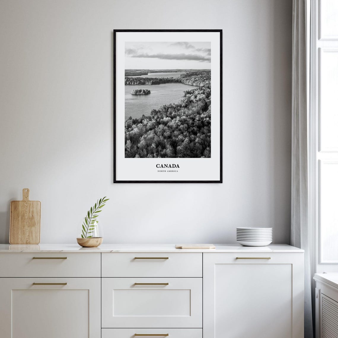 Canada North America Pine Forest Lake Aerial Monochrome Poster - Image 2