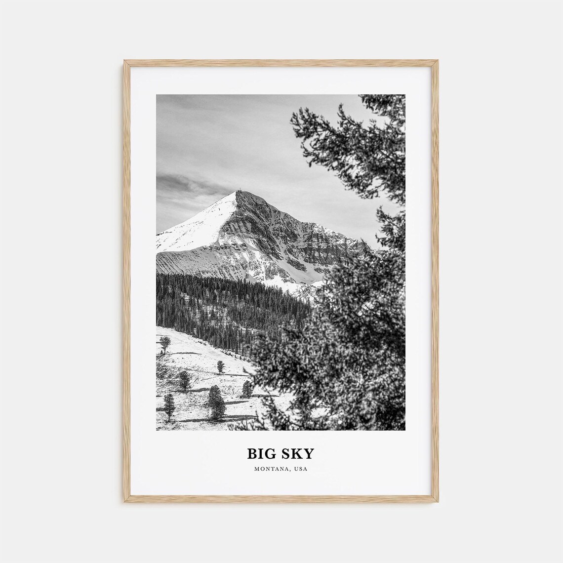 Big Sky Montana Snow Covered Mountain Peak Black and White Art Poster