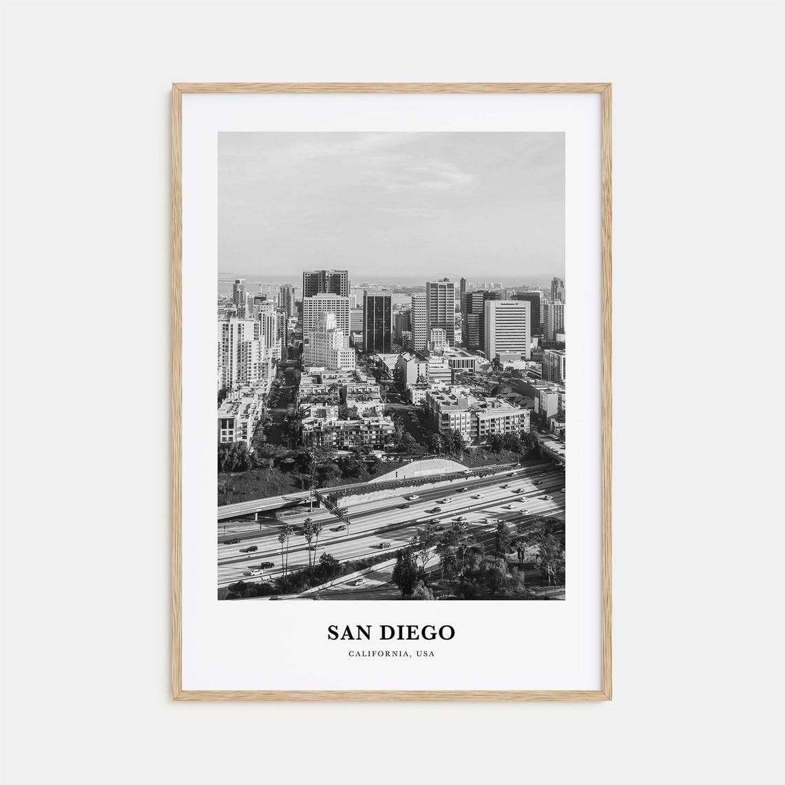 San Diego California City Skyline Freeway Black and White Photo Poster