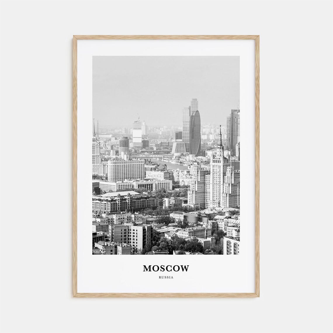 Moscow Russia Skyline with Modern Towers Black White Travel Poster
