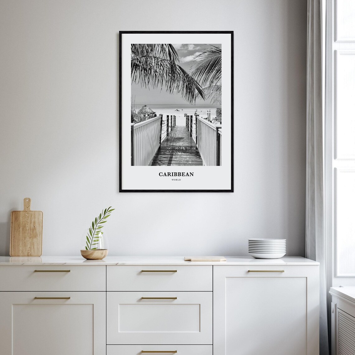 Caribbean Boardwalk Beach Palm Fronds Black White Travel Poster - Image 2