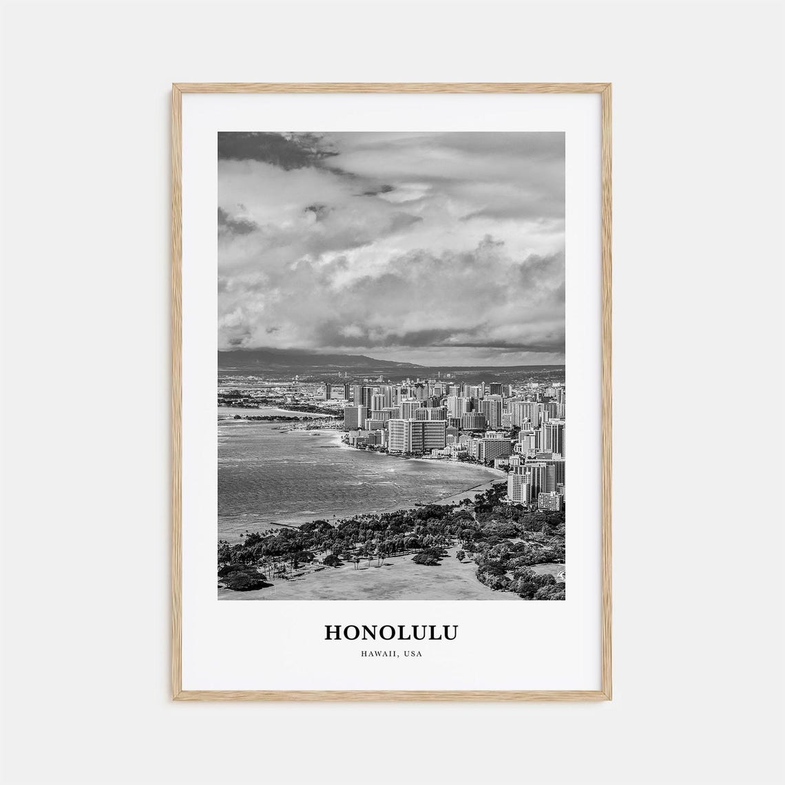 Honolulu Hawaii Waikiki Skyline Aerial Black and White Poster