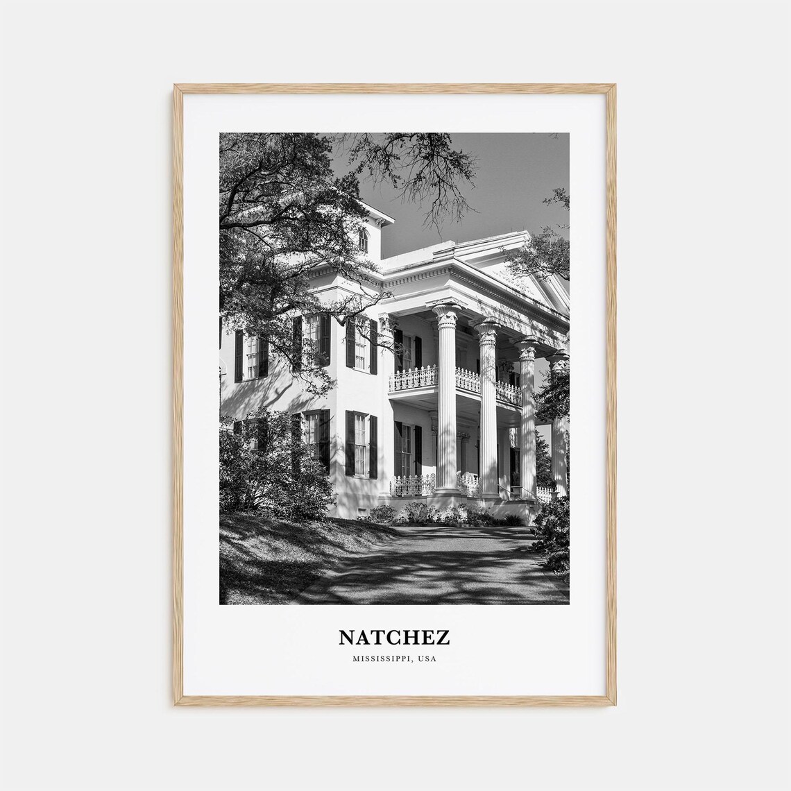 Natchez Mississippi Antebellum Mansion Black And White Travel Poster