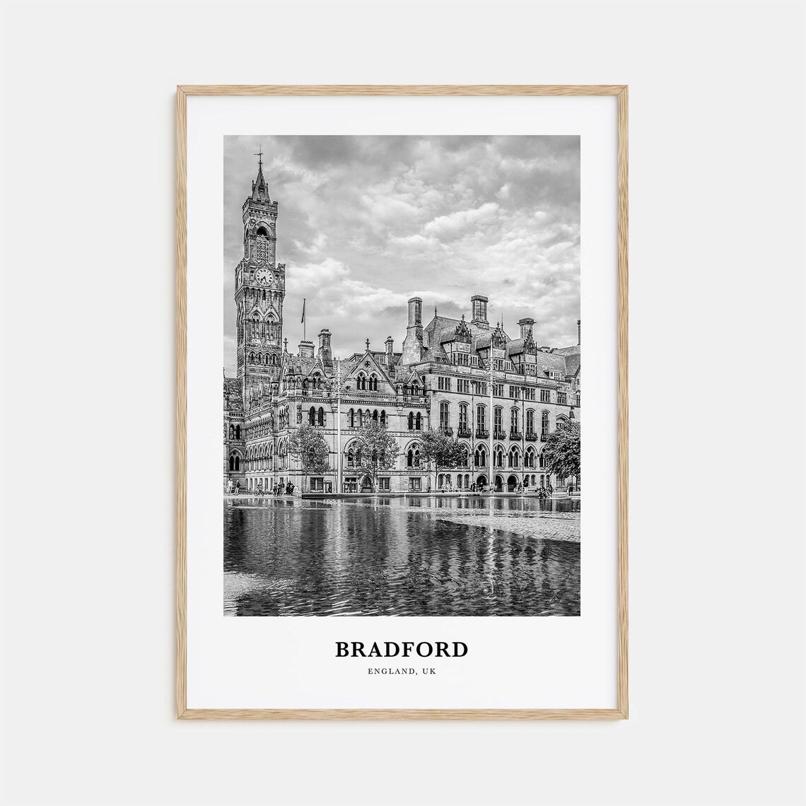 Bradford City Hall Clock Tower Mirror Pool Black and White Poster