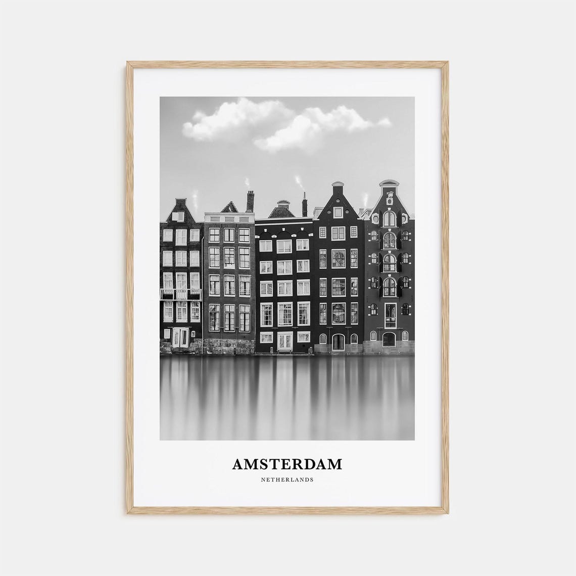 Amsterdam Canal Houses Reflection Black and White Travel Poster
