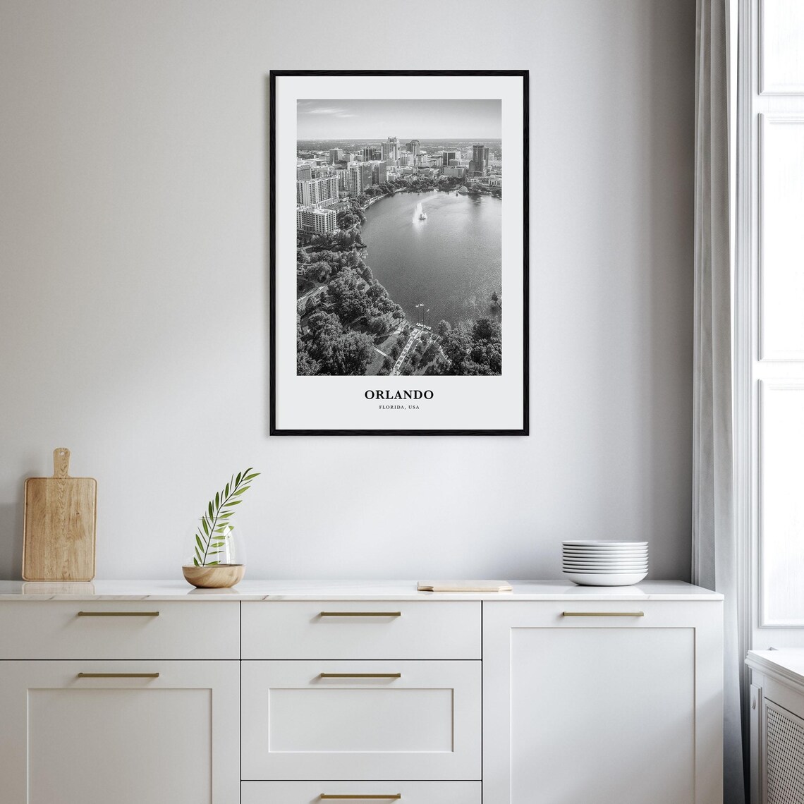 Orlando Lake Eola Aerial Downtown Skyline Black White Travel Poster - Image 2