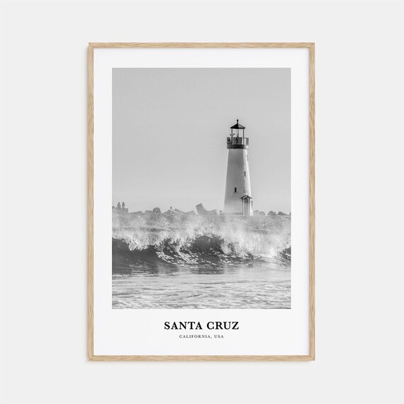 Santa Cruz California Lighthouse Crashing Waves Black White Poster
