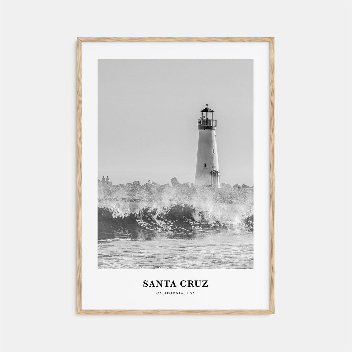 Santa Cruz California Lighthouse Crashing Waves Black White Poster