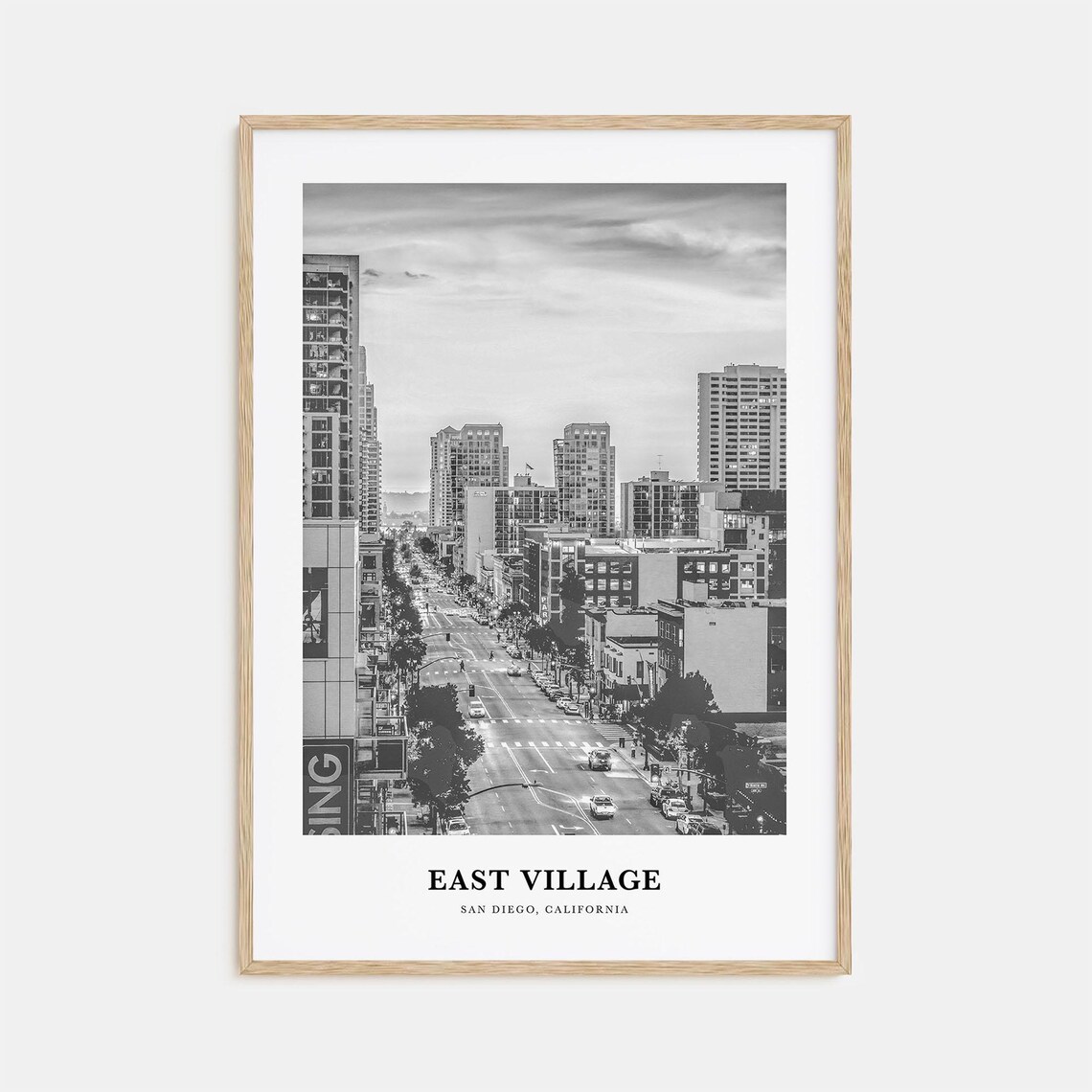 East Village San Diego Downtown Street Black and White Poster