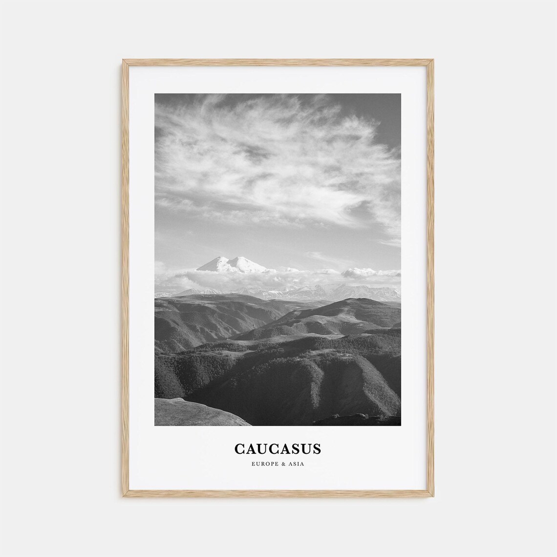 Caucasus Snow Capped Mountain Peaks Black White Travel Poster