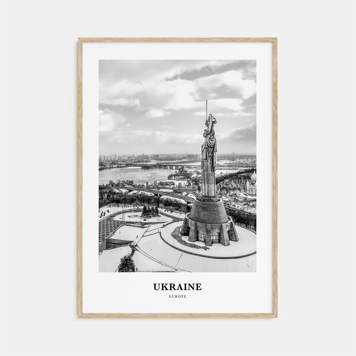 Ukraine Motherland Monument Snowy Aerial Black and White Poster