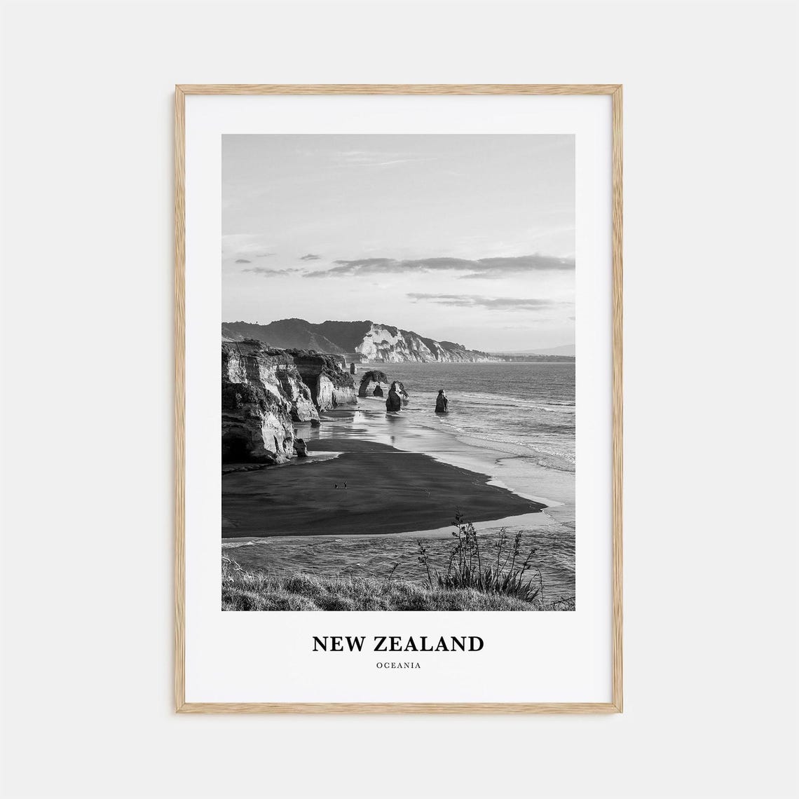 New Zealand Volcanic Beach and Cliffs Black and White Travel Poster
