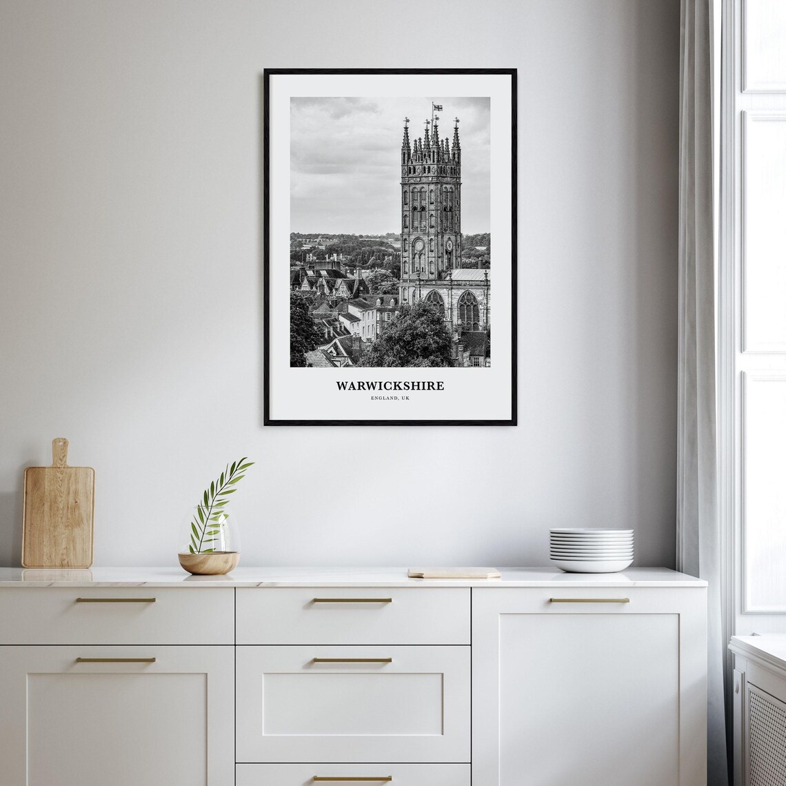 Warwickshire England Ornate Church Tower Over Town Black White Poster - Image 2