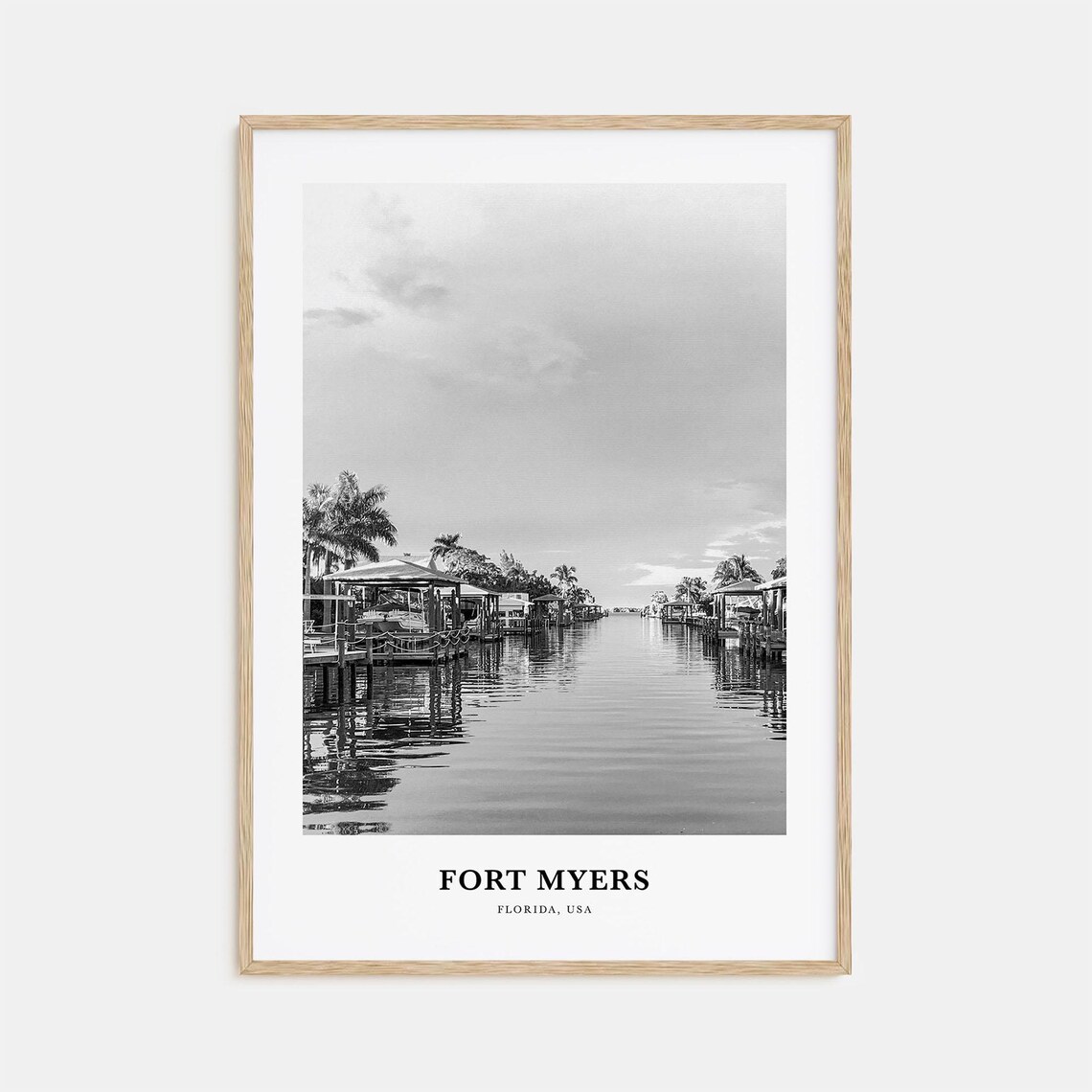 Fort Myers Florida Canal Boat Docks Black and White Photo Poster