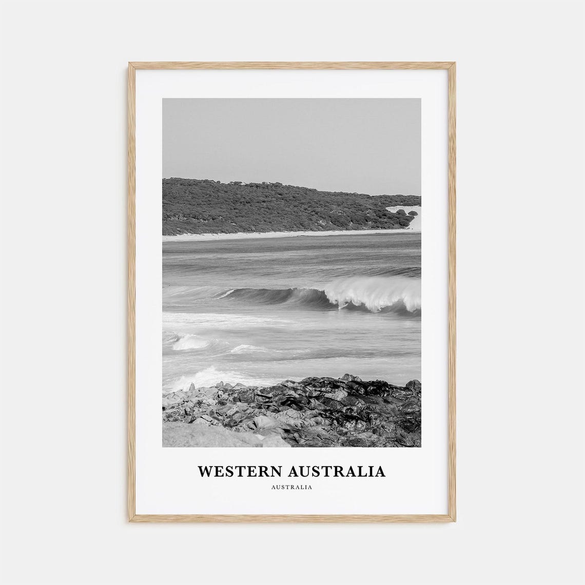Western Australia Breaking Wave Rocky Shore Black White Poster
