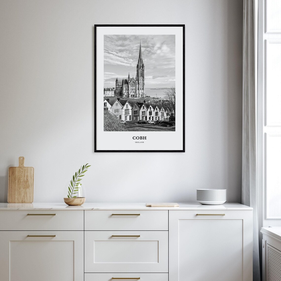 Cobh Ireland St Colmans Cathedral Above Harbor Black and White Poster - Image 2