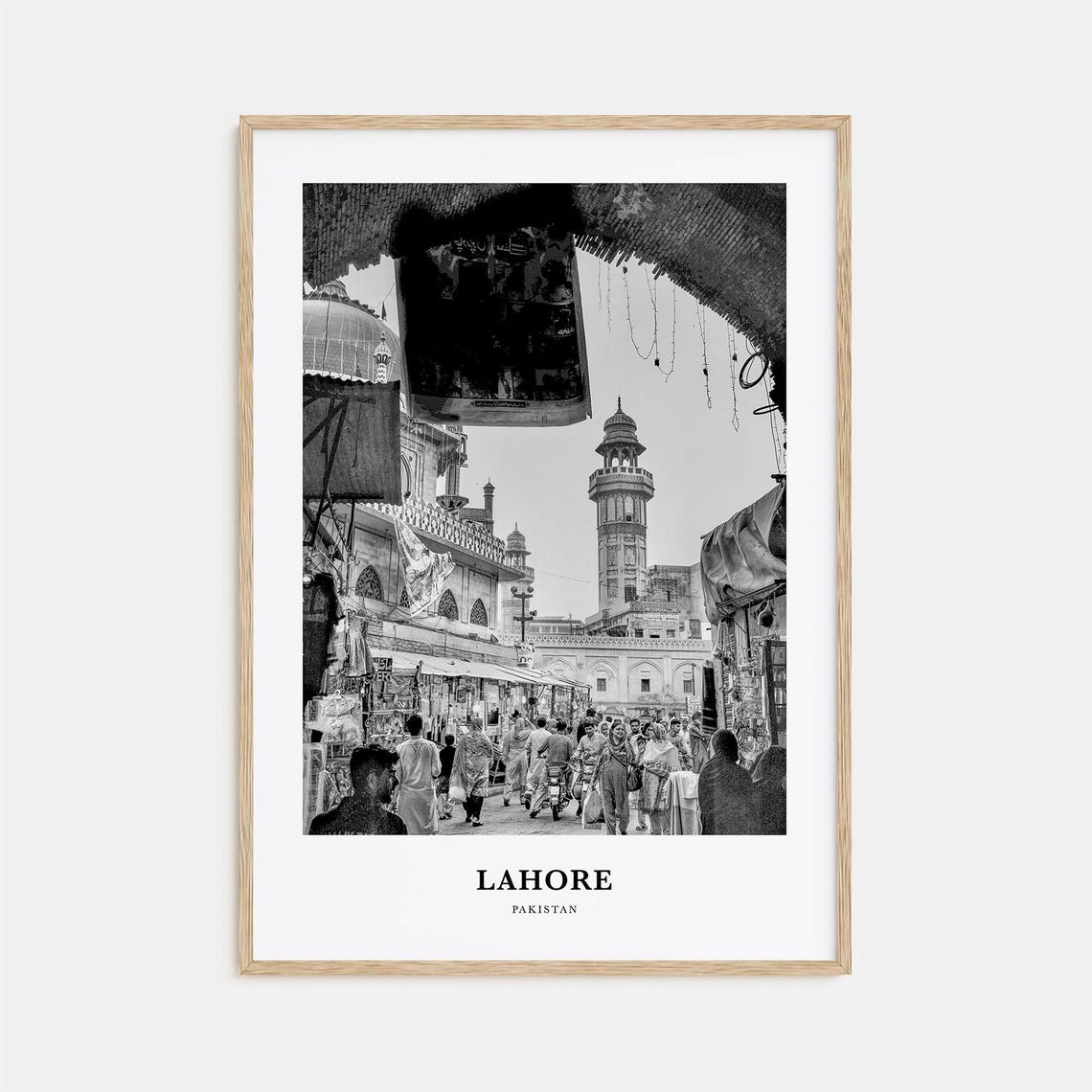 Lahore Bazaar Street Black And White Pakistan Mosque Minaret Poster
