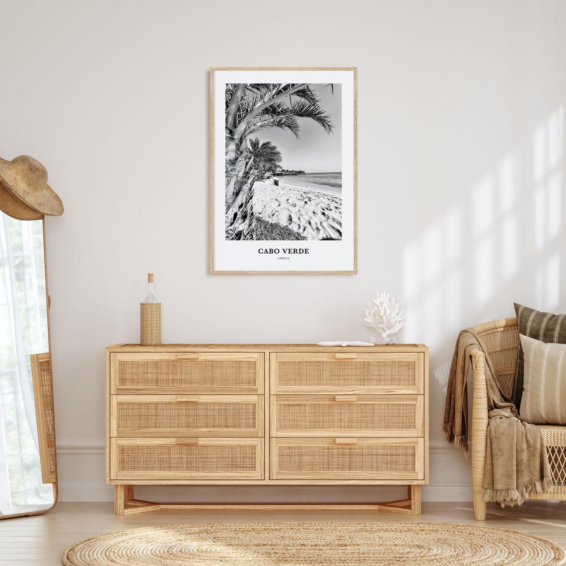 Cabo Verde Palm Framed Beach Shoreline Black and White Travel Poster - Image 3