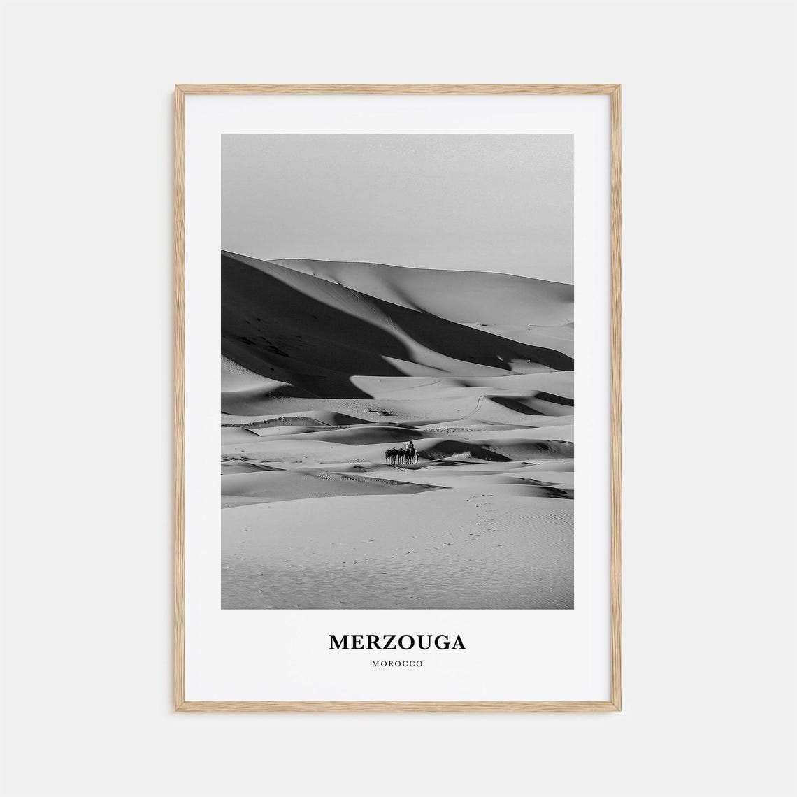 Merzouga Morocco Sahara Desert Dunes Camel Caravan Black White Poster