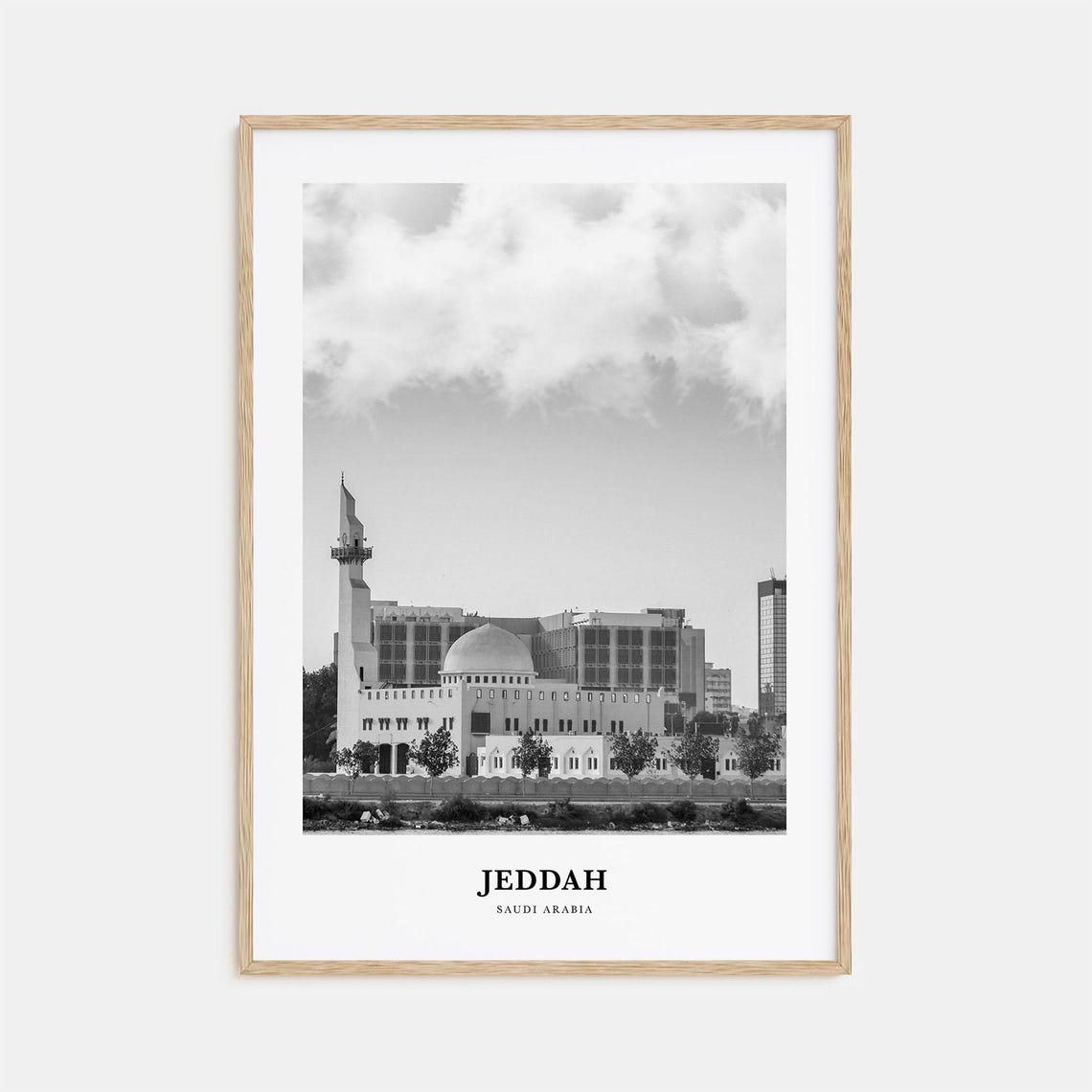 Jeddah Saudi Arabia Waterfront Mosque Minaret Black and White Poster