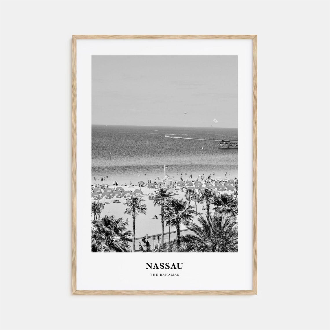 Nassau Bahamas Beach Palms Parasail Black And White Travel Poster