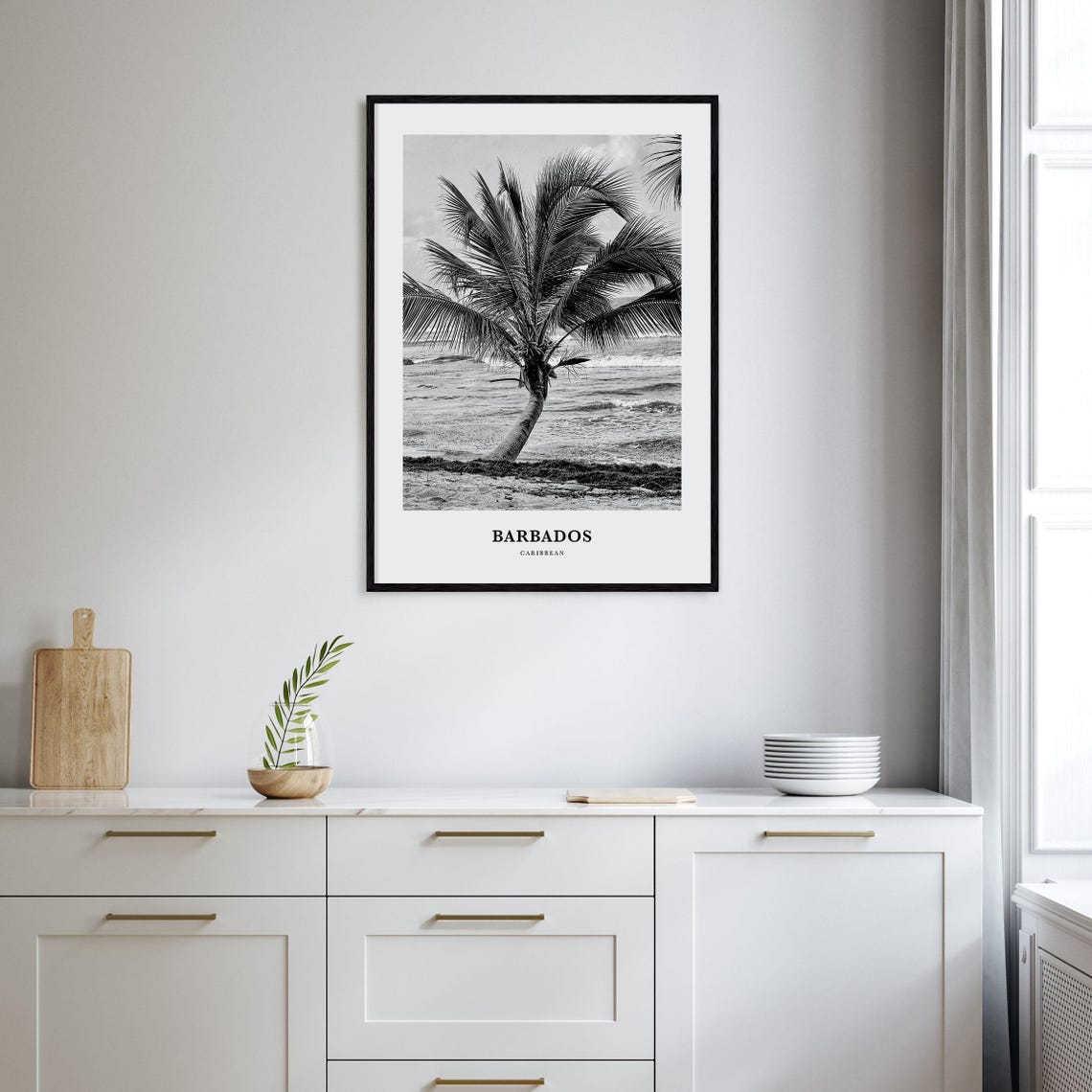Barbados Leaning Palm Tree Beach Black and White Travel Poster - Image 2