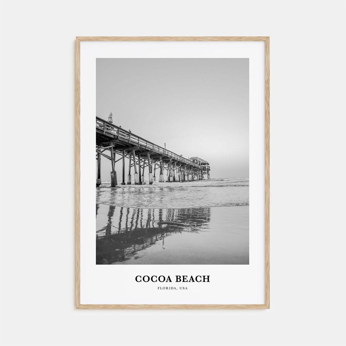 Cocoa Beach Florida Historic Fishing Pier Ocean Black and White Poster