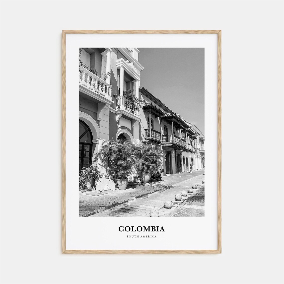 Colombia Historic Colonial Street With Balconies Black and White Poster