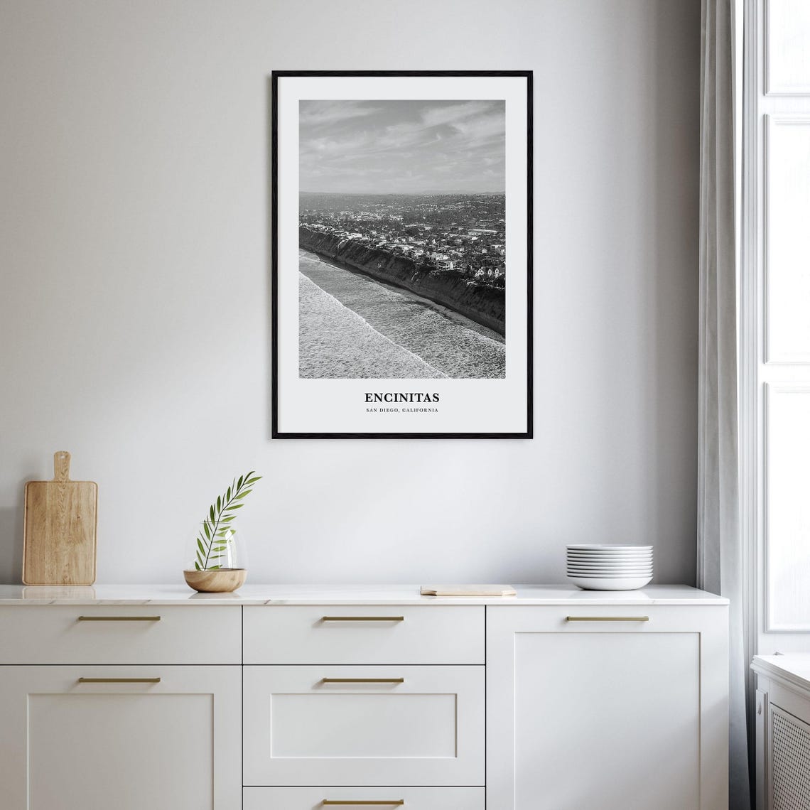 Encinitas California Aerial Surf Coast Cliffs Black White Poster - Image 2