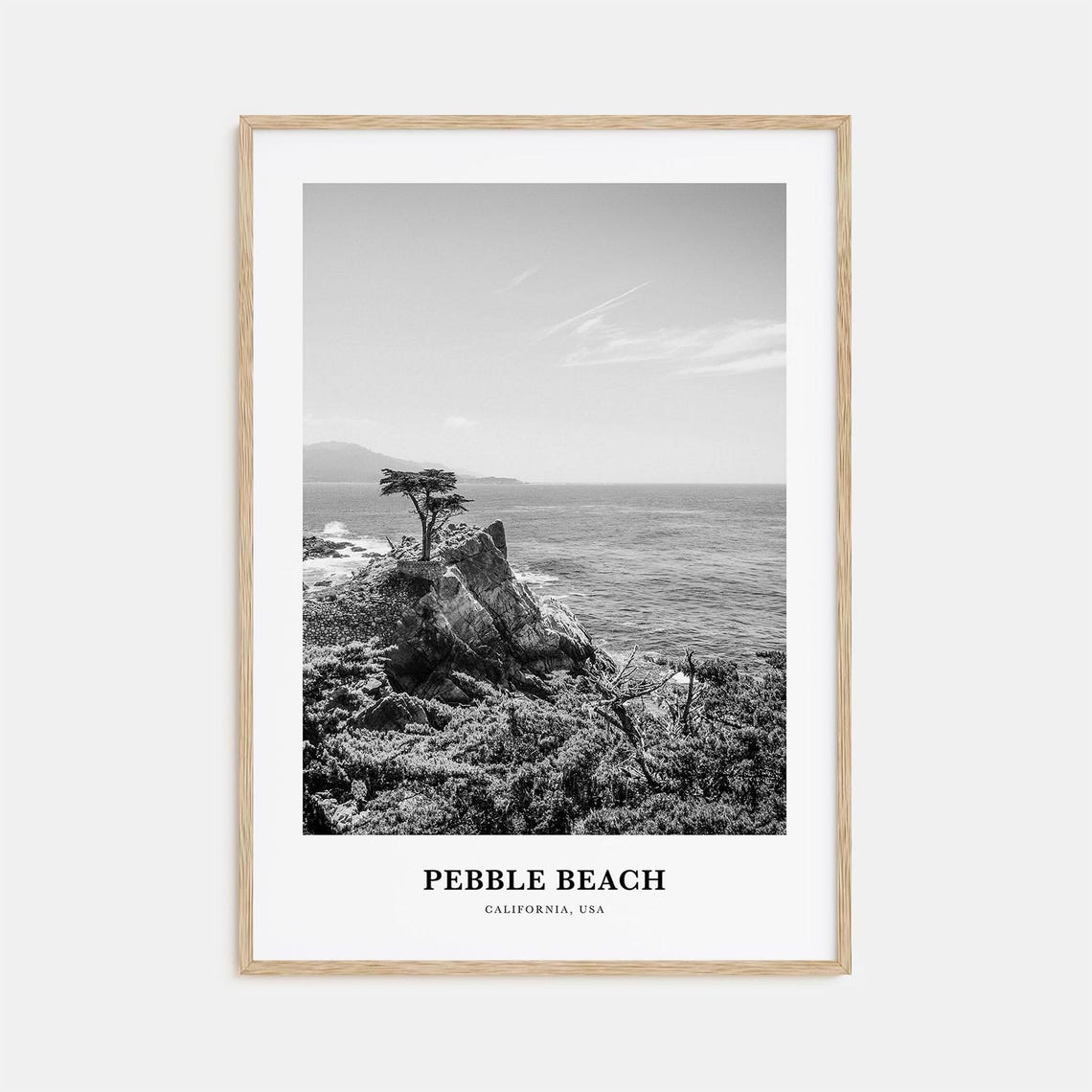Pebble Beach California Lone Cypress Cliff Black and White Poster