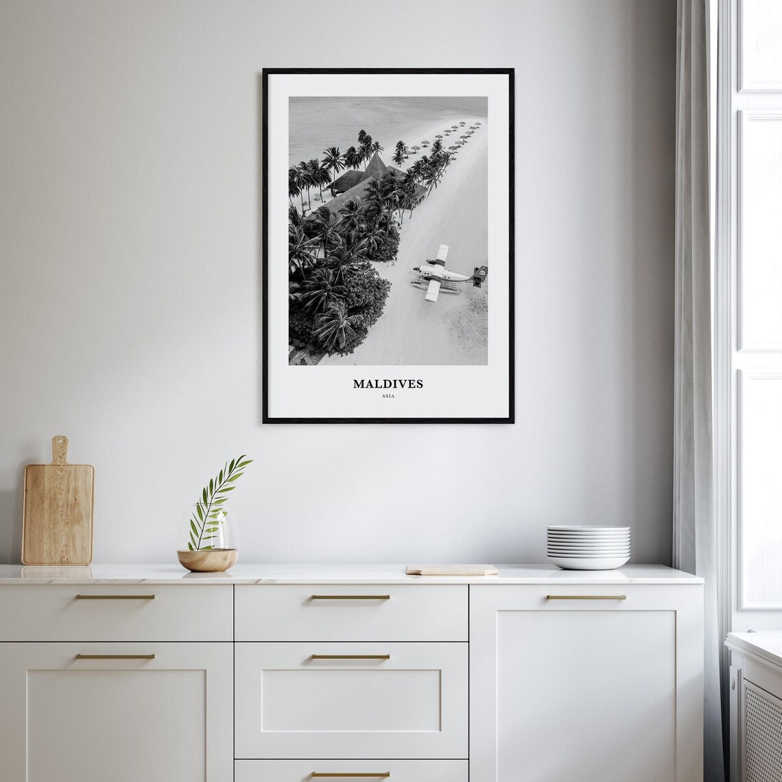 Maldives Asia Island Aerial Seaplane Lagoon Black White View Poster - Image 2