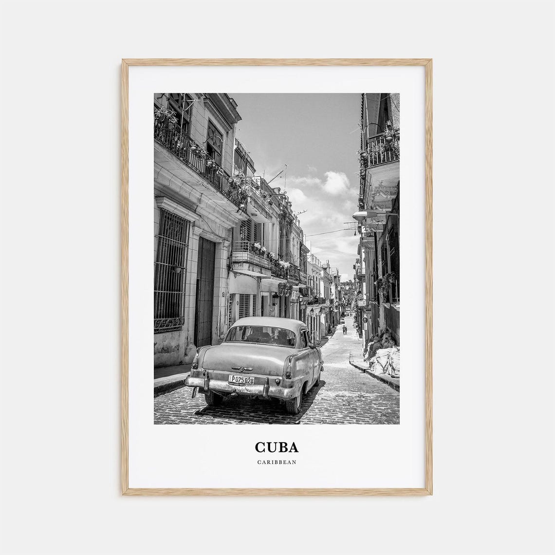Cuba Vintage Car Cobblestone Street Black and White Photography Poster