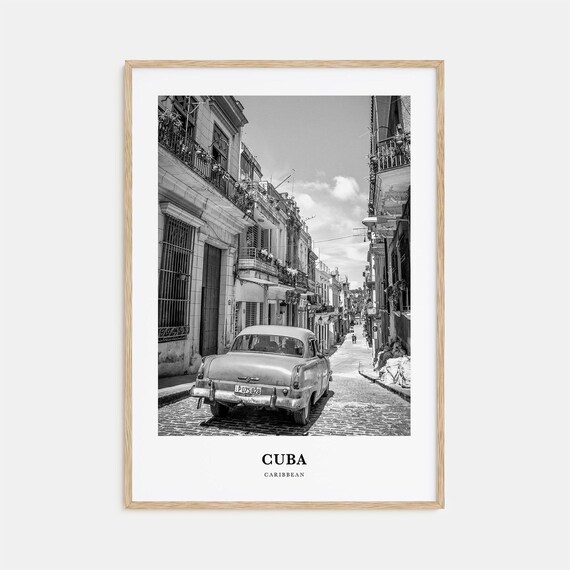 Cuba Vintage Car Cobblestone Street Black and White Photography Poster