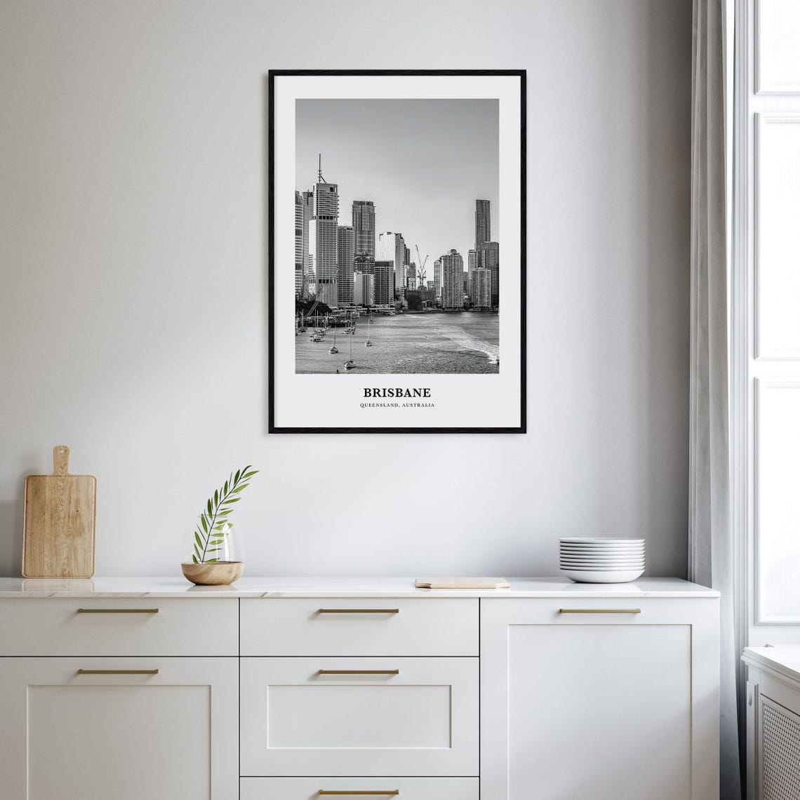 Brisbane River Skyline Sailboats Waterfront Black and White Poster - Image 2