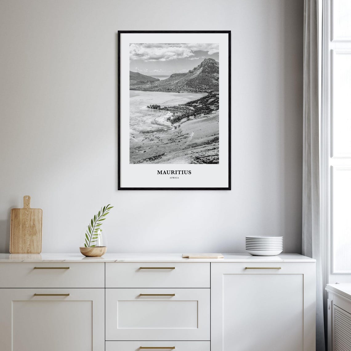 Mauritius Le Morne Shoreline Lagoon Aerial Black and White Poster - Image 2