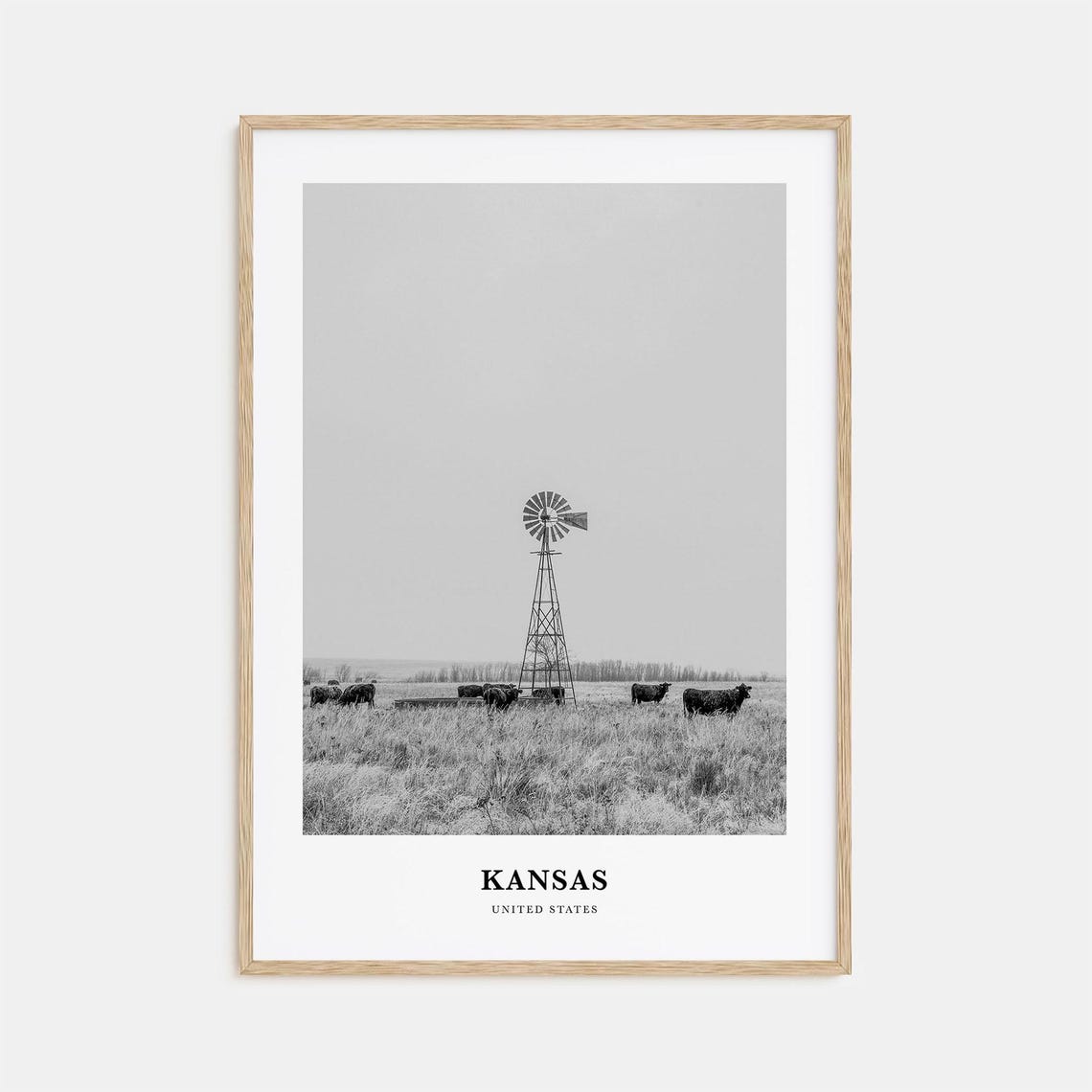 Kansas Black and White Windmill with Cattle Prairie Scene Poster