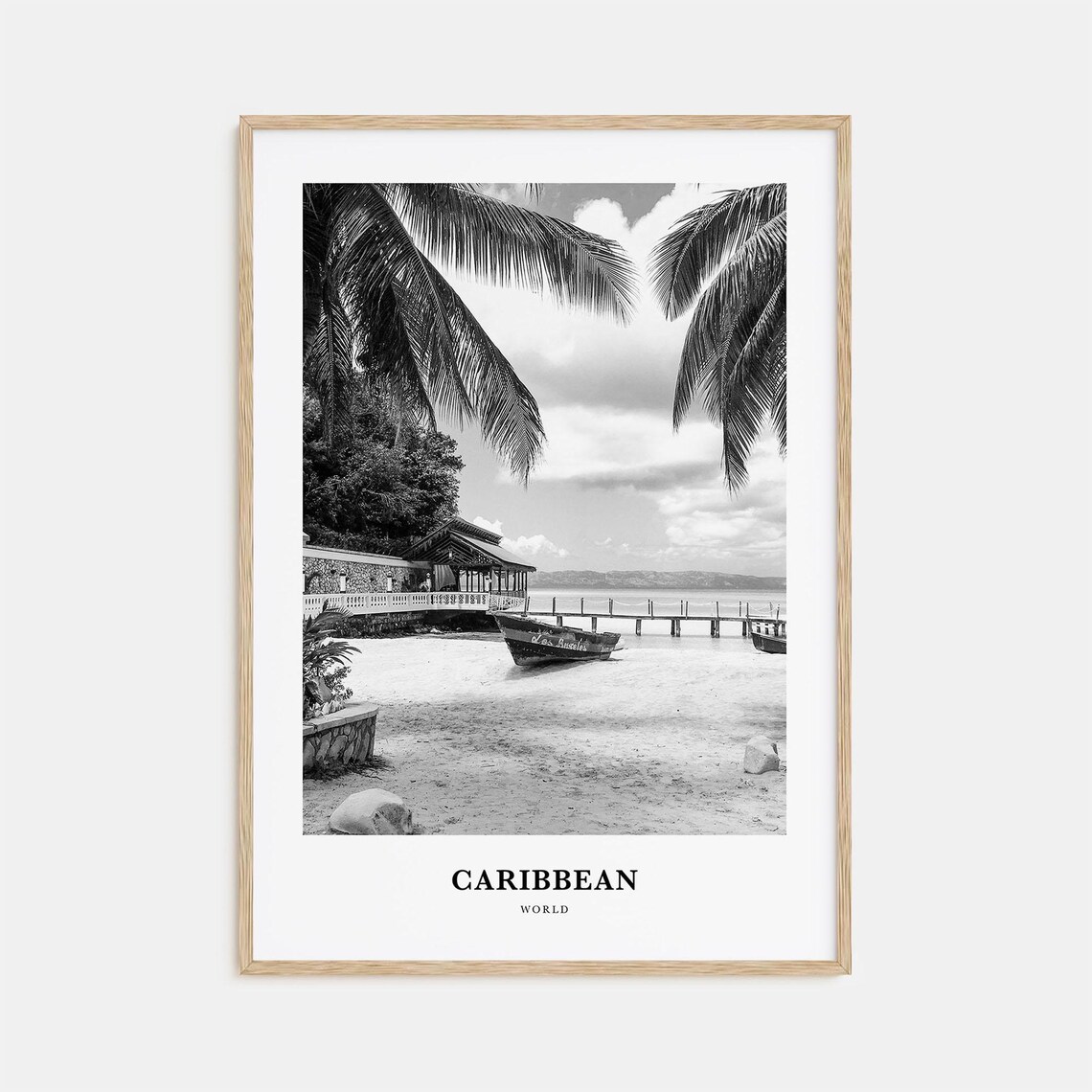Caribbean Sandy Beach Fishing Boat Pier Black White Travel Poster
