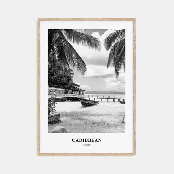 Caribbean Sandy Beach Fishing Boat Pier Black White Travel Poster