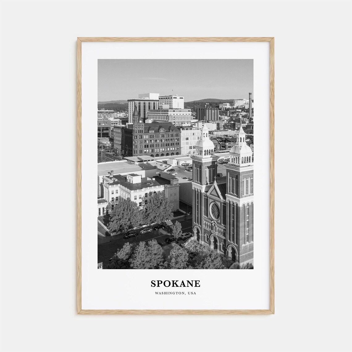 Spokane Downtown Skyline with Historic Church Washington Travel Poster