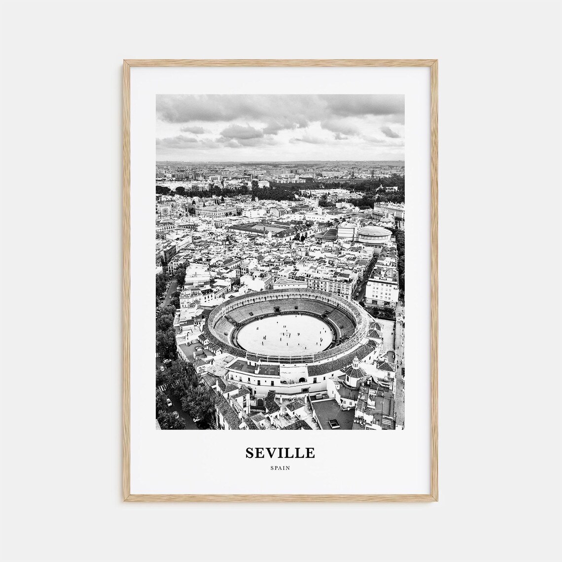 Seville Spain Plaza de Toros Bullring Aerial Black White Travel Poster