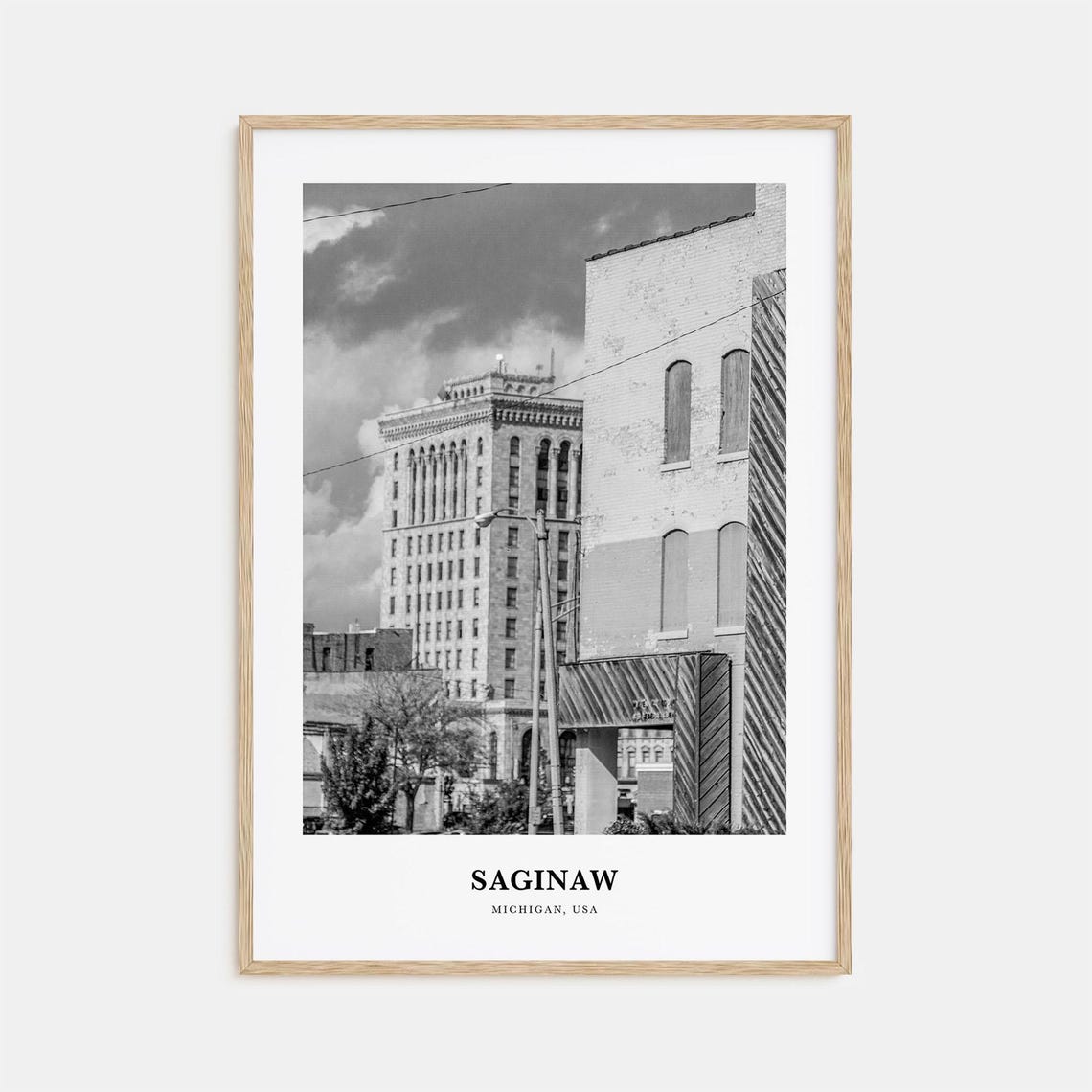 Saginaw Michigan Black and White Downtown Architecture Poster