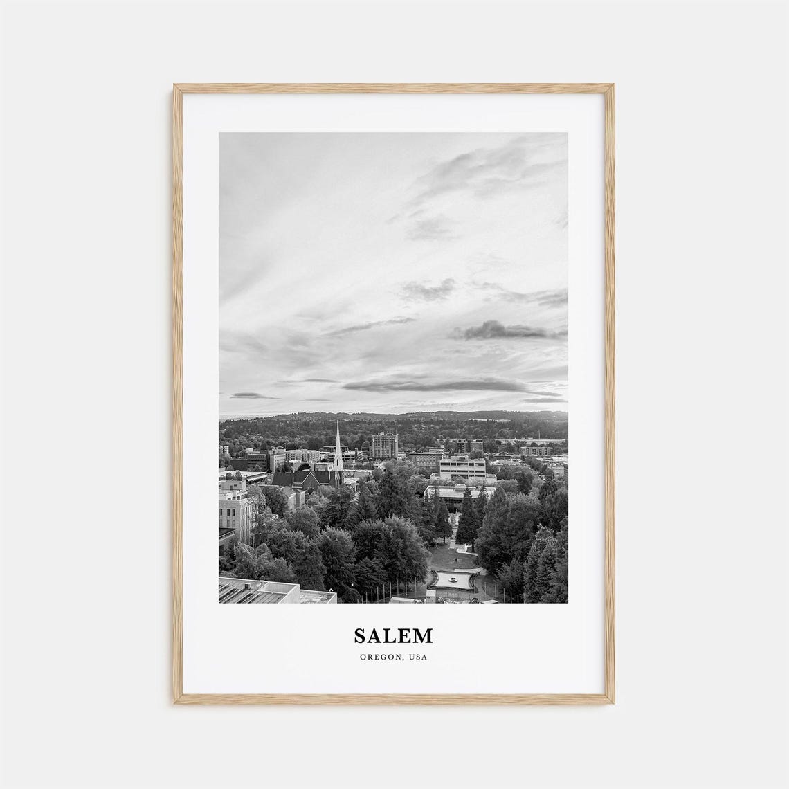 Salem Oregon City Skyline With Church Steeple Black And White Poster