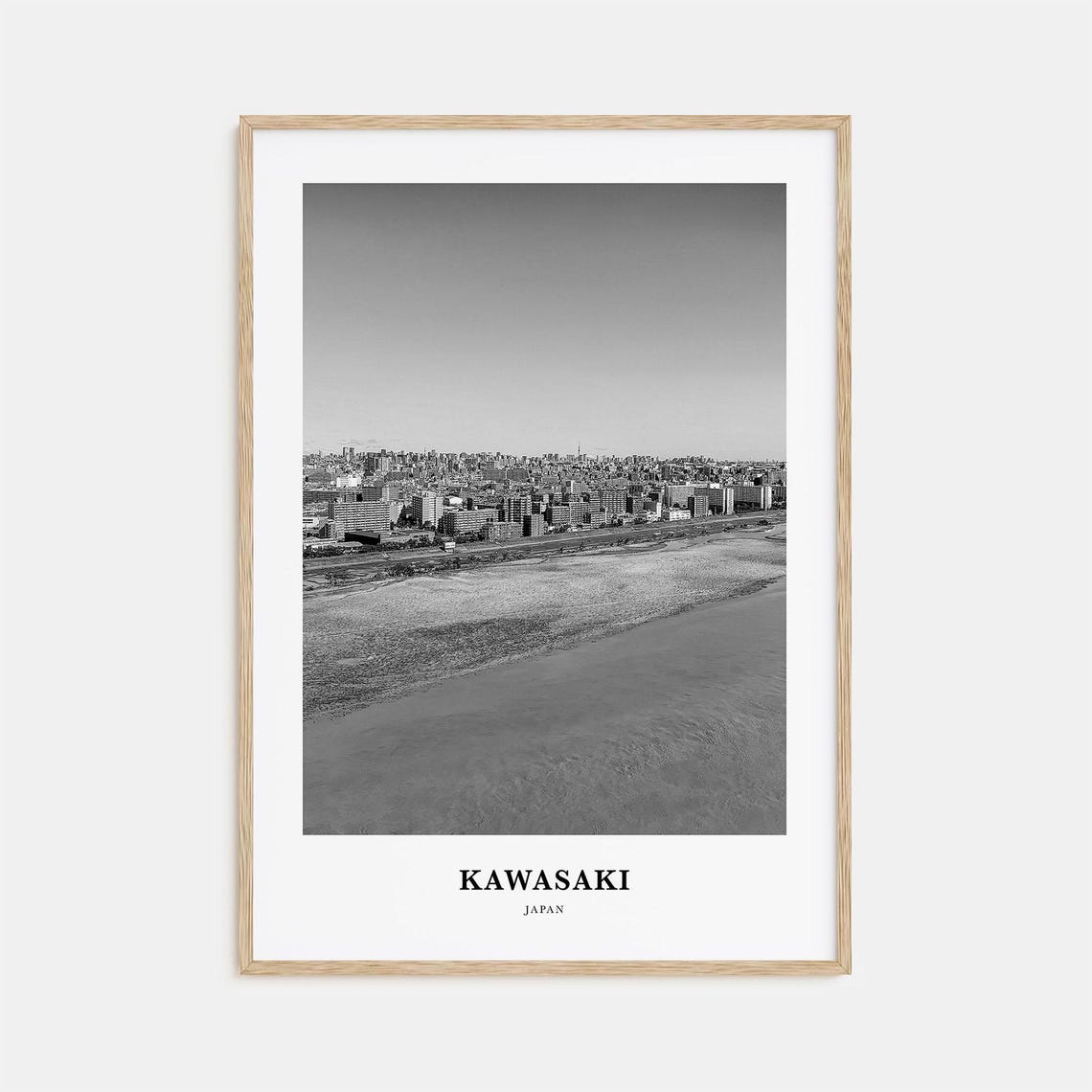 Kawasaki Japan Black and White Panoramic Riverside Skyline Poster