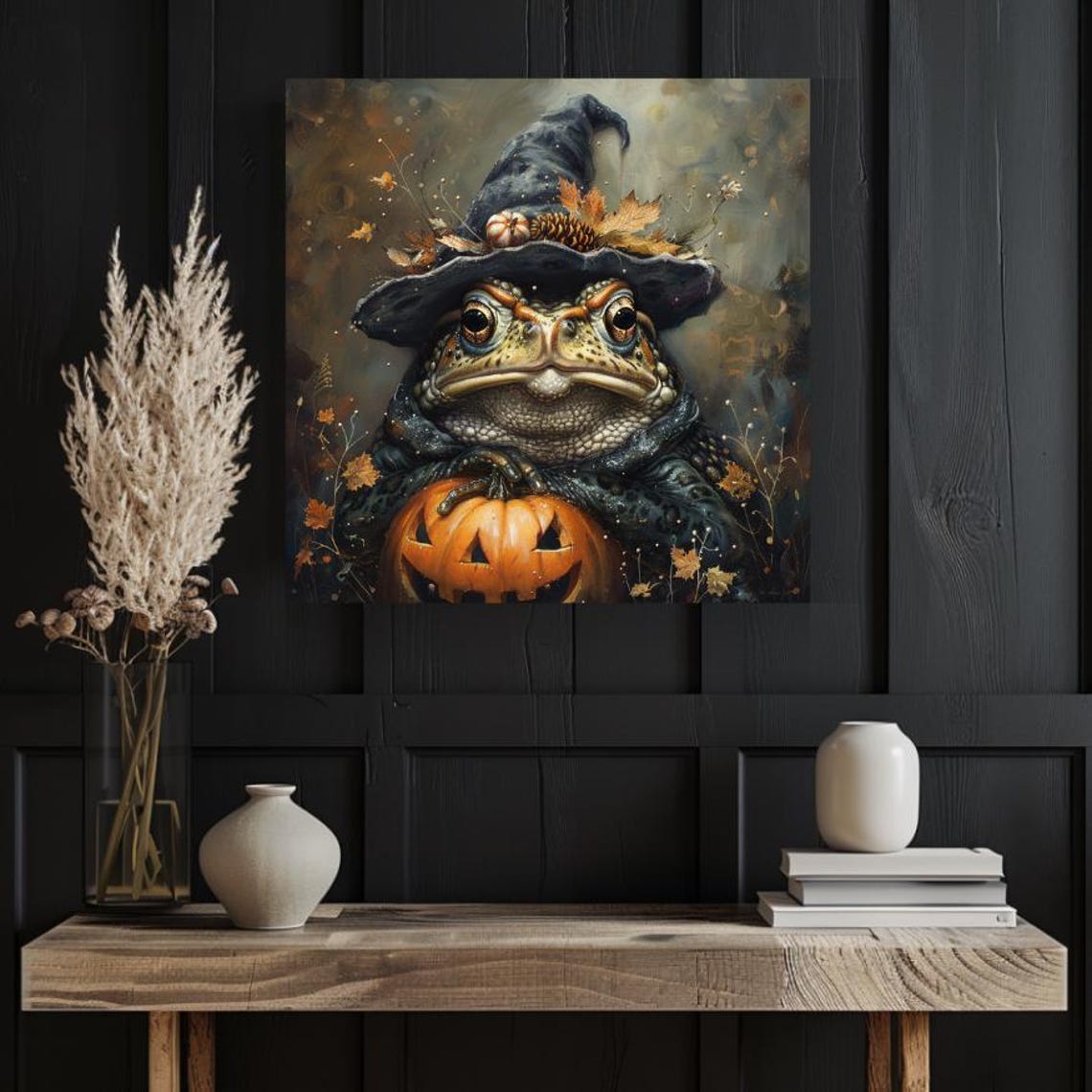 Cute Toad in Witch Hat Holding Pumpkin Halloween Animal Art Poster - Image 2