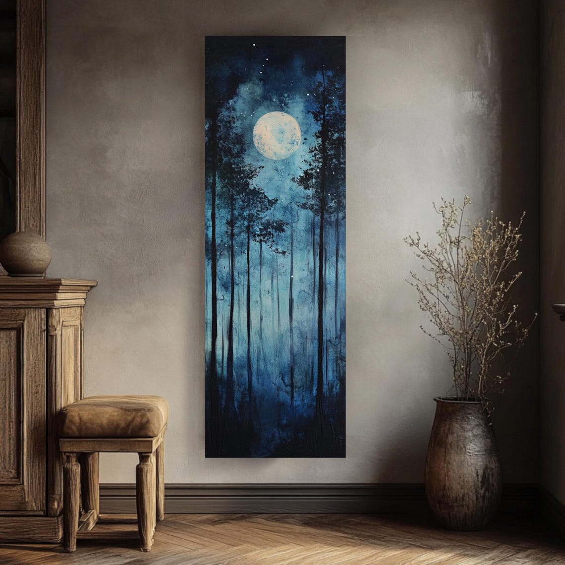 Full Moon Over Dark Pine Forest Tall Narrow Moody Blue Poster - Image 4