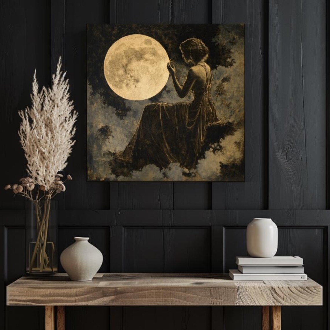 Moon Goddess Reaching for Full Moon Vintage Gold Night Art Poster - Image 3