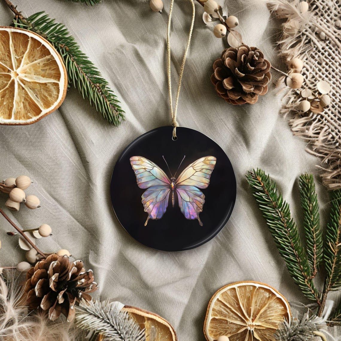 Iridescent Butterfly Ornament Double Sided Round Ornament With Gold String Vibrant Butterfly Print Holiday Hanging Decor - Image 4