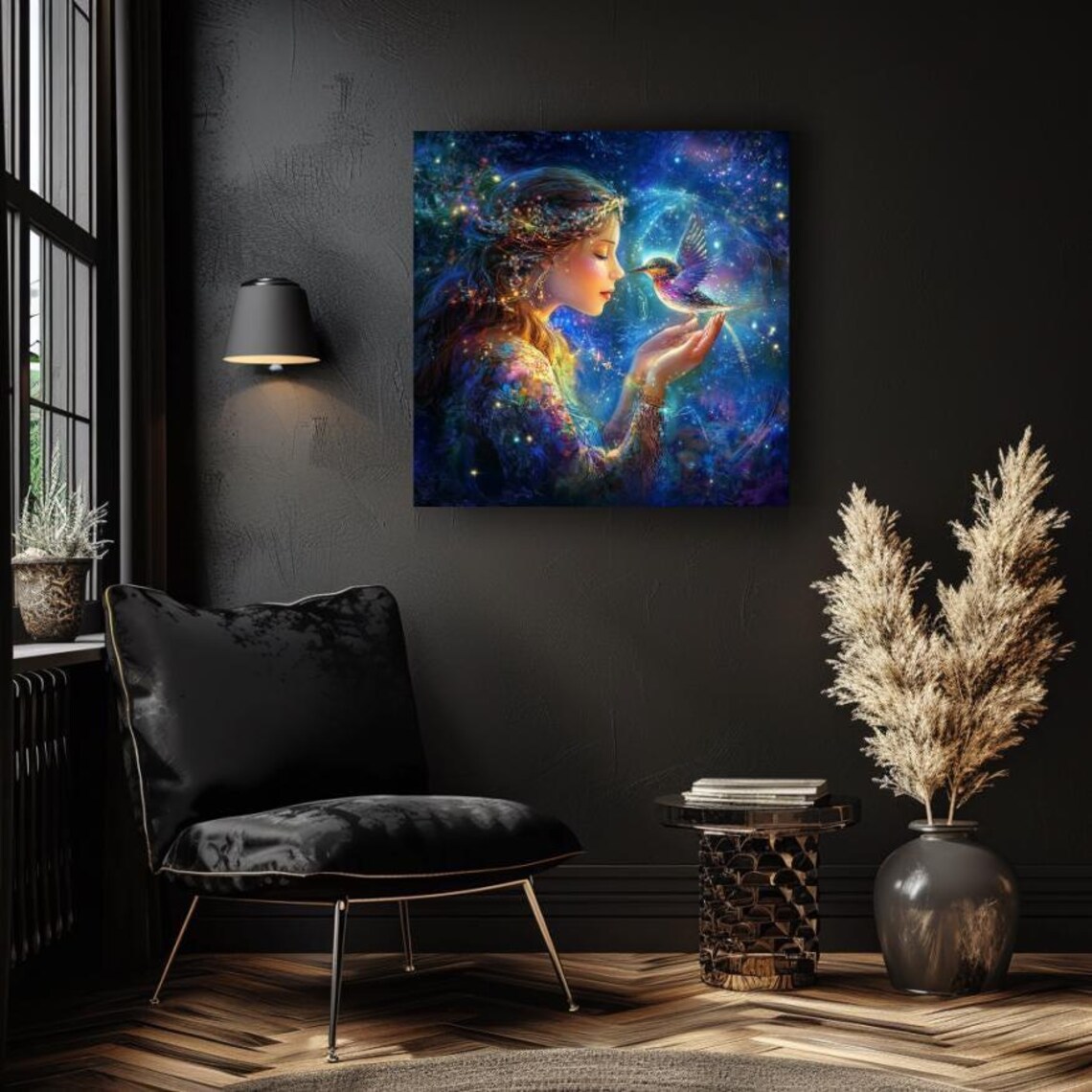 Woman Holding Glowing Bird In Cosmic Galaxy Night Sky Poster - Image 3
