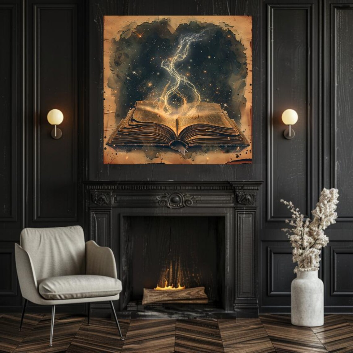 Magic Spell Book with Golden Lightning Rising from Open Pages Art Poster - Image 4
