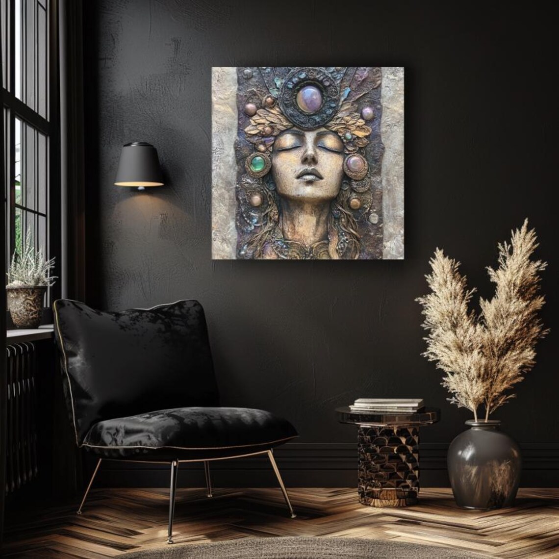 Gemstone Goddess Relief Face with Crystal Headdress Mystic Art Poster - Image 4